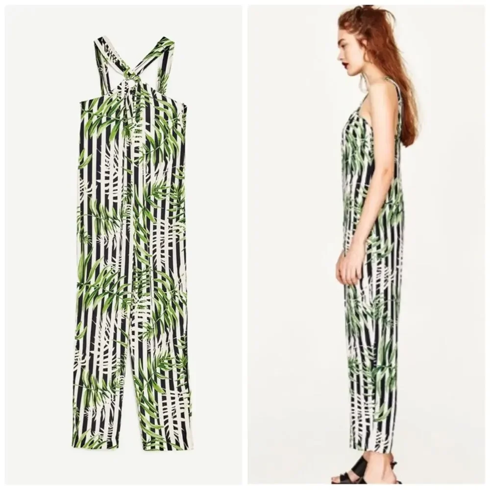🆕 Zara Women's Tropical Leaf Striped Halter D Ring‎ Jumpsuit Size Medium
